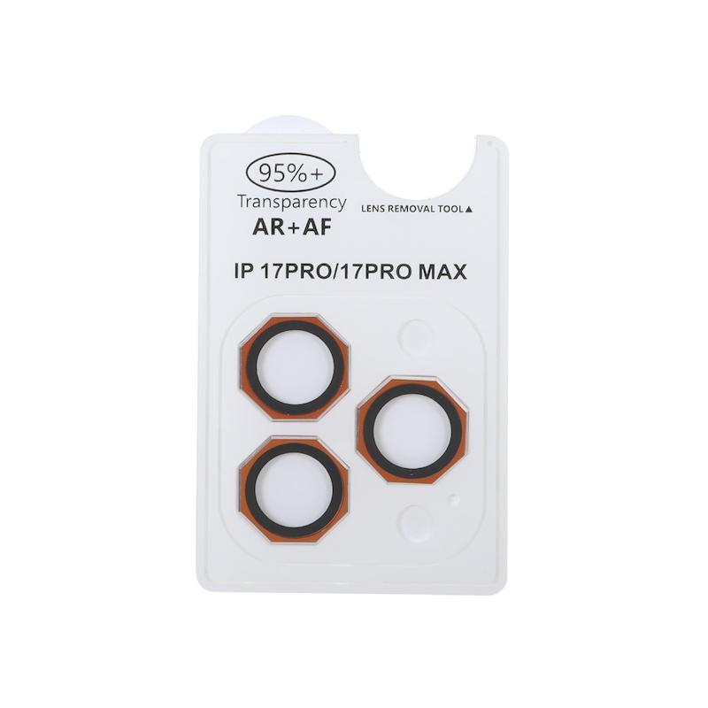 محافظ لنز iPhone 17 Pro - 17 Pro Max آیفون رینگی فلزی - شیشه ای اورجینال چند ضلعی AR AF سه عددی نارنجی کد 99089