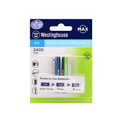 مشخصات و خرید باتری قلمی AA قابل شارژ Westinghouse وستینگهاوس Ni-MH با ظرفیت 2400mAh بسته 2 عددی، خرید باتری قلمی AA قابل شارژ Westinghouse وستینگهاوس Ni-MH با ظرفیت 2400mAh بسته 2 عددی از فروشگاه موبوفان، قیمت باتری قلمی AA قابل شارژ Westinghouse وستینگهاوس Ni-MH با ظرفیت 2400mAh بسته 2 عددی