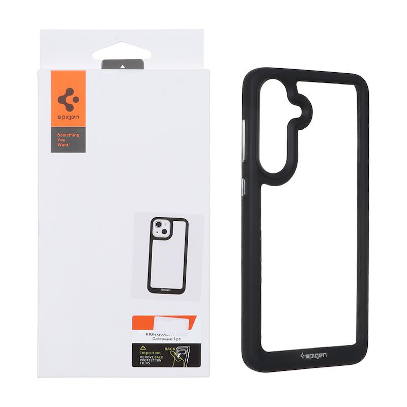 قاب گوشی Galaxy S25 FE سامسونگ اورجینال SPIGEN طرح طلقی شیشه ای شفاف دکمه کرومی مشکی کد 99563