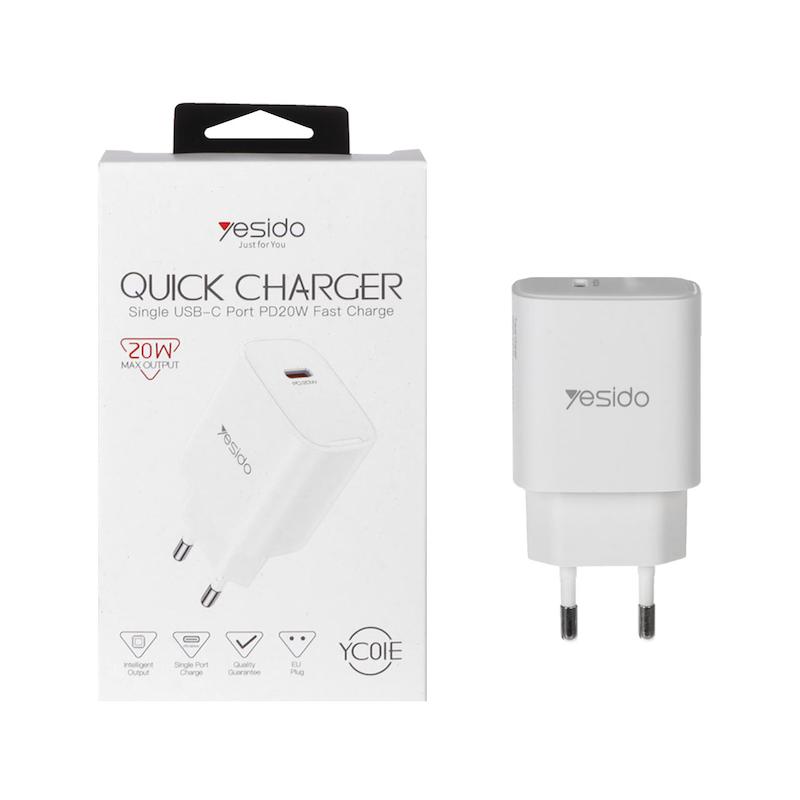 شارژر دیواری PD و فست USC-C تک پورت Yesido مدل YC01E 20W - سفید کد 99604
