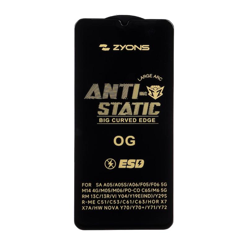 گلس گوشی Galaxy A05 - A05S - A06 - F05 - F06 - M14 4G - M05 - M06 - Poco M6 5G - Redmi 13C - Poco C65 - Realme C51  - Realme C53 - C61 - C63 - Honor X7 - X7A - Nova Y70 - Y70 Plus شیشه ای ZYONS LARGE ARC سری ESD Anti Static اورجینال