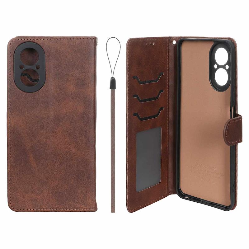کیف گوشی Realme C67 ریلمی مگنتی اورجینال چرم کتابی جاکارتی دار محافظ لنزدار قهوه ای دارای بند کد 99932