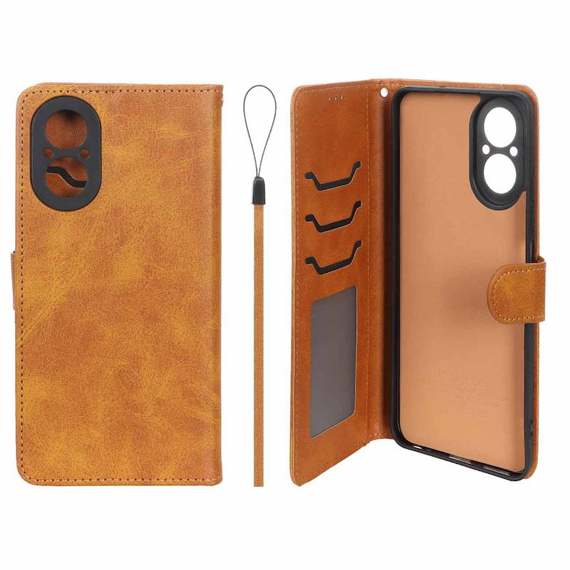 کیف گوشی Realme C67 ریلمی مگنتی اورجینال چرم کتابی جاکارتی دار محافظ لنزدار عسلی دارای بند کد 99933