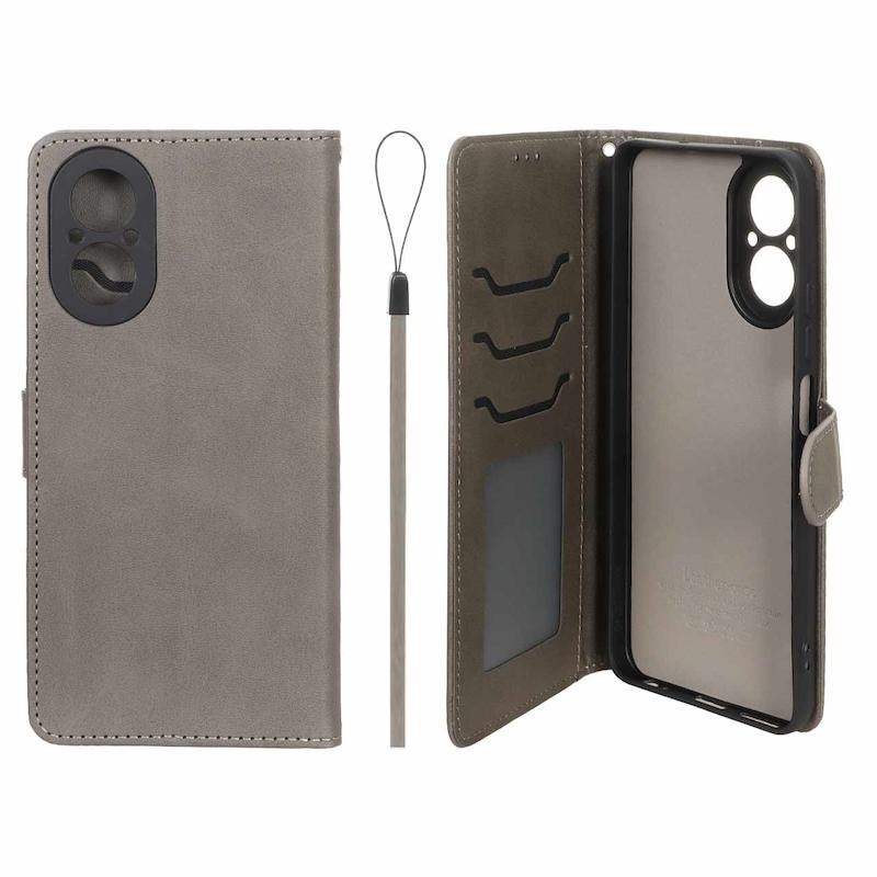 کیف گوشی Realme C67 ریلمی مگنتی اورجینال چرم کتابی جاکارتی دار محافظ لنزدار خاکستری دارای بند کد 99934