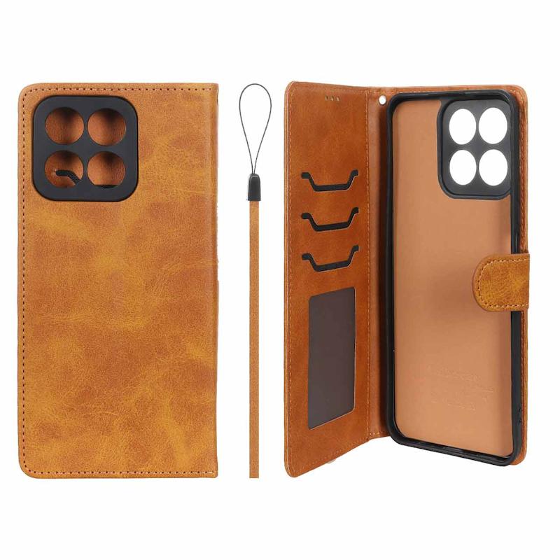 کیف گوشی Honor X7C آنر مگنتی طرح چرم کتابی محافظ لنزدار بنددار عسلی کد 180070
