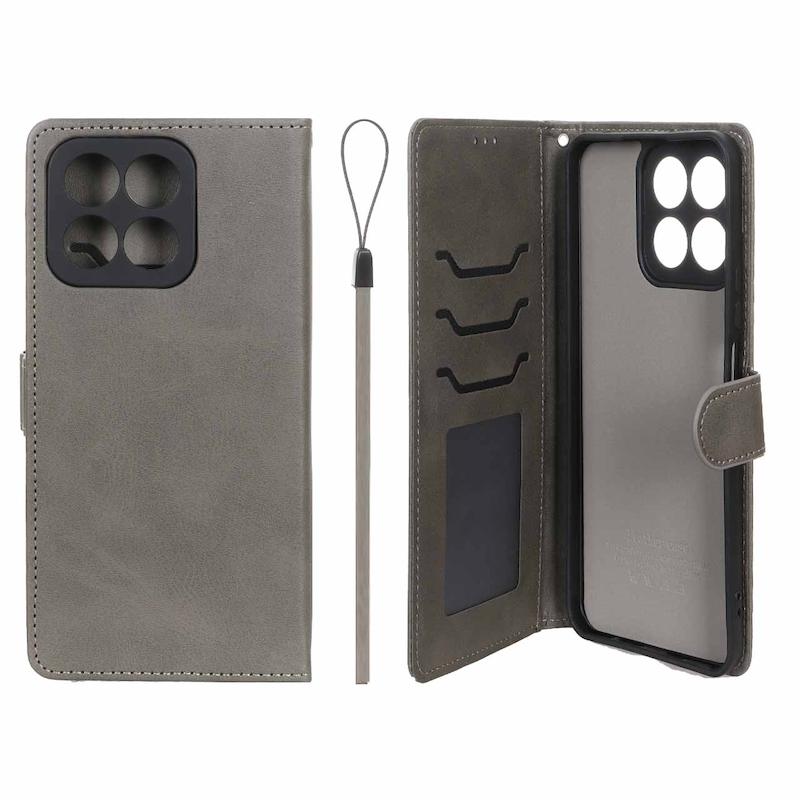 کیف گوشی Honor X7C آنر مگنتی طرح چرم کتابی محافظ لنزدار بنددار خاکستری کد 180071