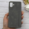 قاب گوشی Galaxy A07 سامسونگ چرمی دوخت جاکارتی دار کربنی Slim Wallet Case خاکستری کد 164316