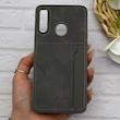 قاب گوشی Galaxy A20S سامسونگ چرمی دوخت جاکارتی دار کربنی Slim Wallet Case خاکستری کد 164334