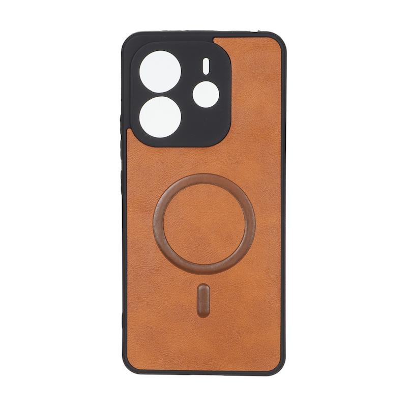قاب گوشی Redmi Note 14 4G شیائومی چرمی MP TPU طرح مگ سیف محافظ لنزدار قهوه ای کد 164597