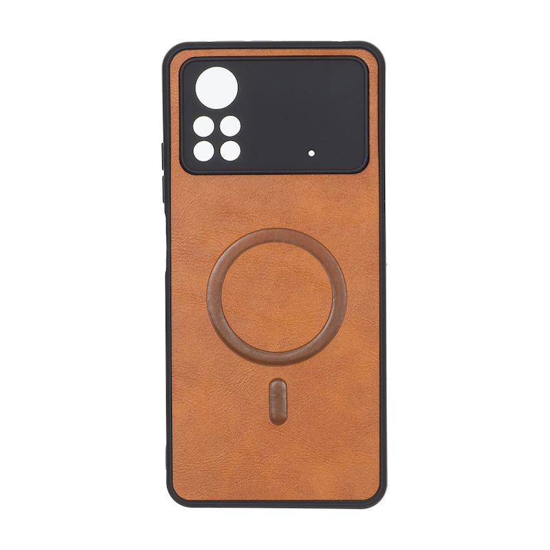 قاب گوشی Poco X4 Pro شیائومی چرمی MP TPU طرح مگ سیف محافظ لنزدار قهوه ای کد 164655