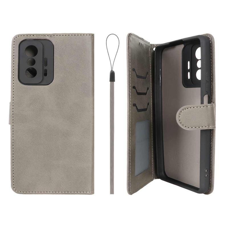 کیف گوشی Mi 11T - Mi 11T Pro شیائومی مگنتی طرح چرم کتابی طرح دوخت محافظ لنزدار بند دار خاکستری کد 180332