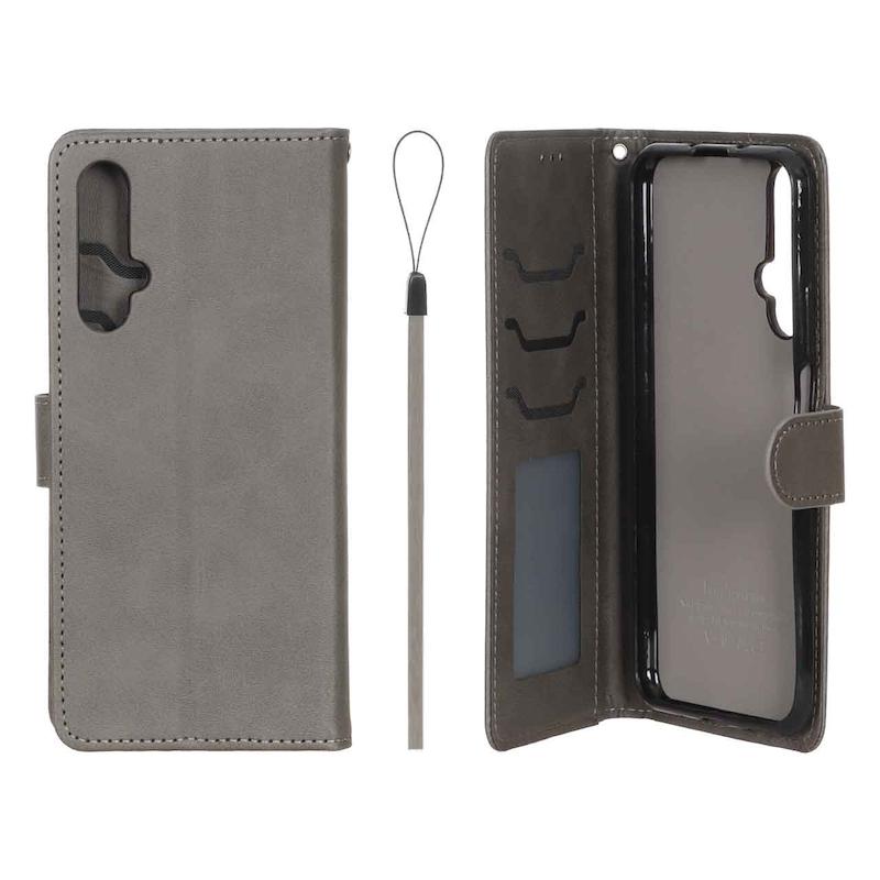 کیف گوشی Huawei Nova 5T هوآوی مگنتی طرح چرم کتابی بنددار خاکستری کد 180342