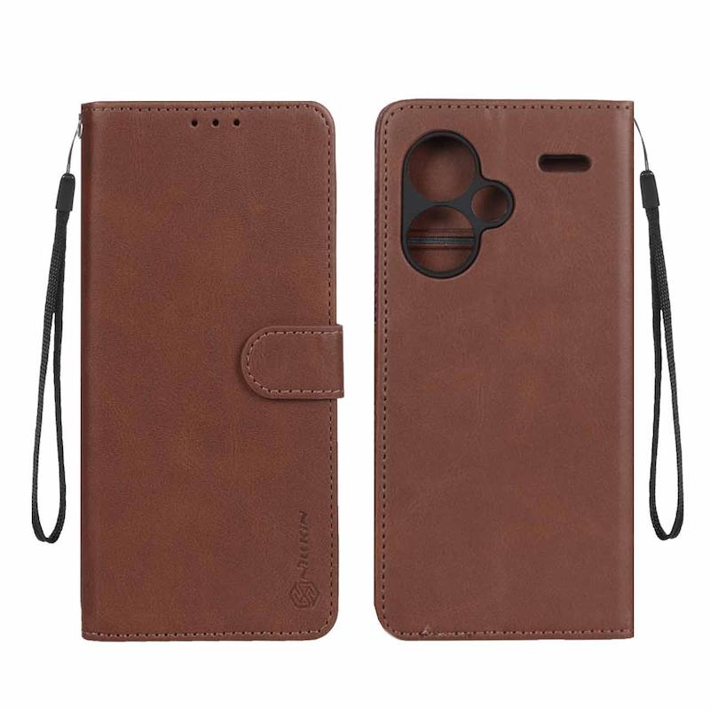 کیف گوشی Redmi Note 13 Pro Plus شیائومی مگنتی نیلکین Nillkin طرح چرم کتابی بنددار قهوه ای کد 180716