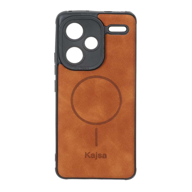 قاب گوشی Redmi Note 13 Pro Plus شیائومی ژله ای چرمی جیر کجسا KAJSA طرح مگ سیف Magsafe قهوه ای روشن کد 180721