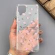 قاب گوشی Galaxy A12 - M12 سامسونگ شفاف پشت طلقی شیشه‌ای دور ژله ای طرح گل صورتی