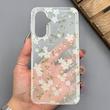 قاب گوشی Galaxy A26 سامسونگ شفاف پشت طلقی شیشه‌ای دور ژله ای طرح گل سفید