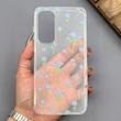 قاب گوشی Galaxy A55 سامسونگ شفاف پشت طلقی شیشه‌ای دور ژله ای طرح گل آبی