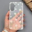 قاب گوشی Galaxy A57 سامسونگ شفاف پشت طلقی شیشه‌ای دور ژله ای طرح گل بابونه