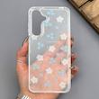 قاب گوشی Galaxy S25 FE سامسونگ شفاف پشت طلقی شیشه‌ای دور ژله ای طرح گل آبی
