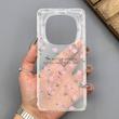 قاب گوشی Redmi Note 15 4G شیائومی شفاف پشت طلقی شیشه‌ای دور ژله ای طرح گل صورتی