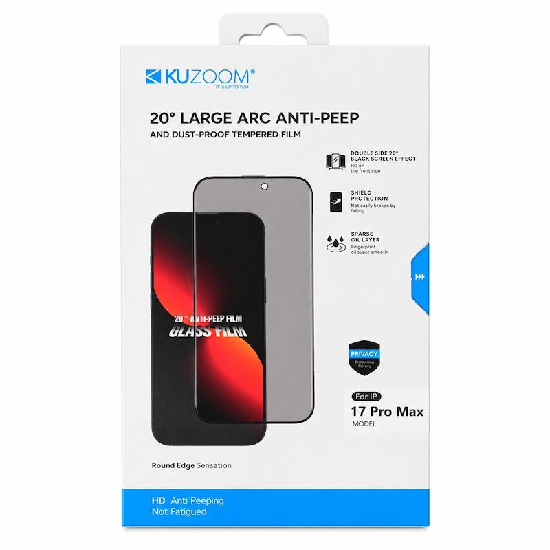 گلس گوشی iPhone 17 Pro Max آیفون شیشه ای LARGE ARC ANTI-PEEP Privacy Glass کازوم KUZOOM حریم شخصی اورجینال کد 181369