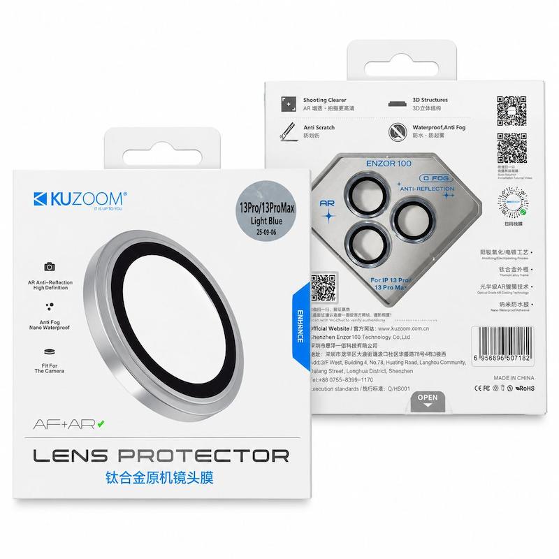 محافظ لنز iPhone 13 Pro - 13 Pro Max آیفون رینگی فلزی - شیشه ای اورجینال KUZOOM کوزوم Light Blue سه عددی کد 181372