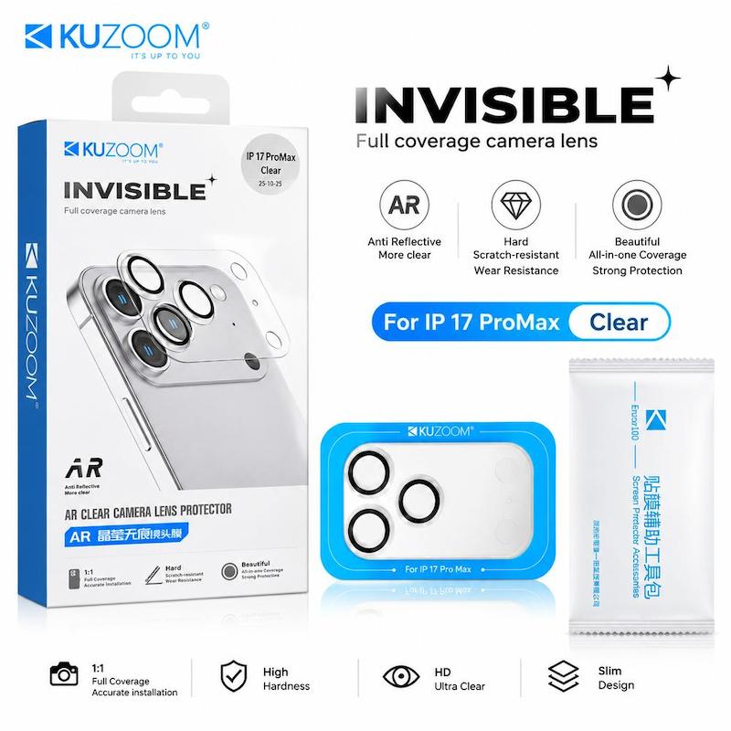 محافظ لنز iPhone 17 Pro Max آیفون شیشه ای یک تکه INVISBLE AR اورجینال KUZOOM کوزوم Clear بی رنگ کد 181384