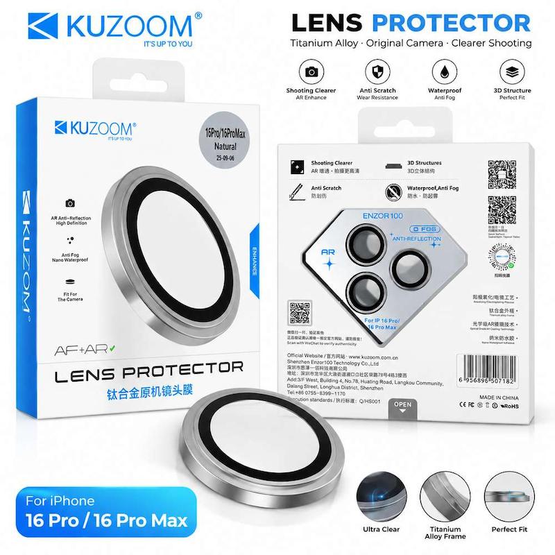 محافظ لنز iPhone 16 Pro - 16 Pro Max آیفون رینگی فلزی - شیشه ای اورجینال KUZOOM کوزوم نچرال Natural سه عددی کد 181385