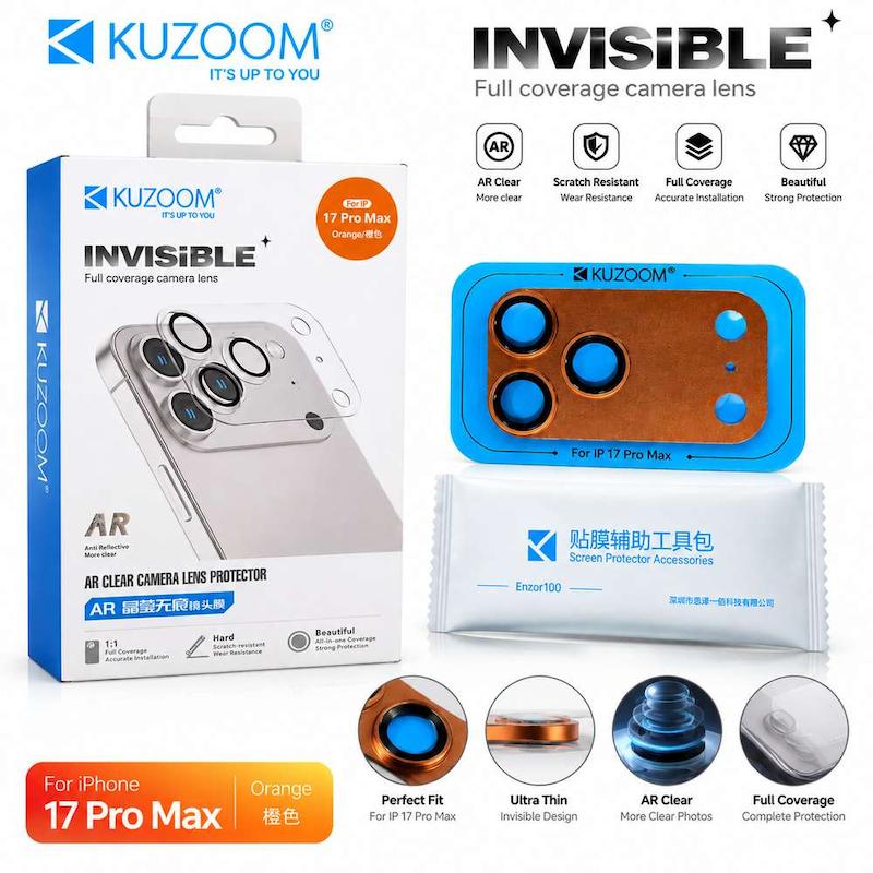 محافظ لنز iPhone 17 Pro Max آیفون شیشه ای یک تکه INVISBLE AR اورجینال KUZOOM کوزوم نارنجی Orange کد 181386