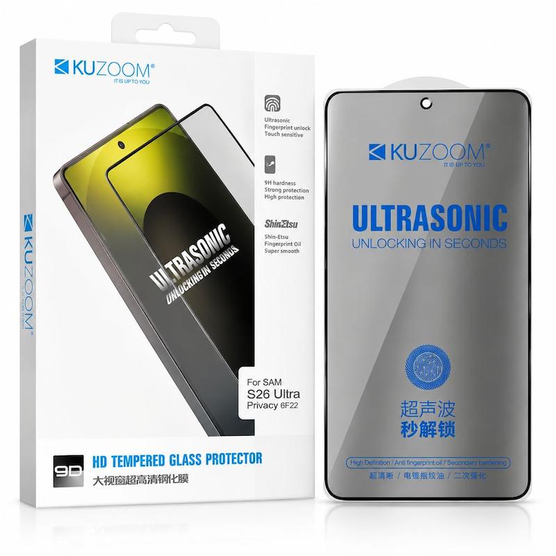 گلس گوشی Galaxy S26 Ultra سامسونگ شیشه ای Anti-SPY UltraSonic 9D Privacy Glass کازوم KUZOOM حریم شخصی اورجینال کد 181389