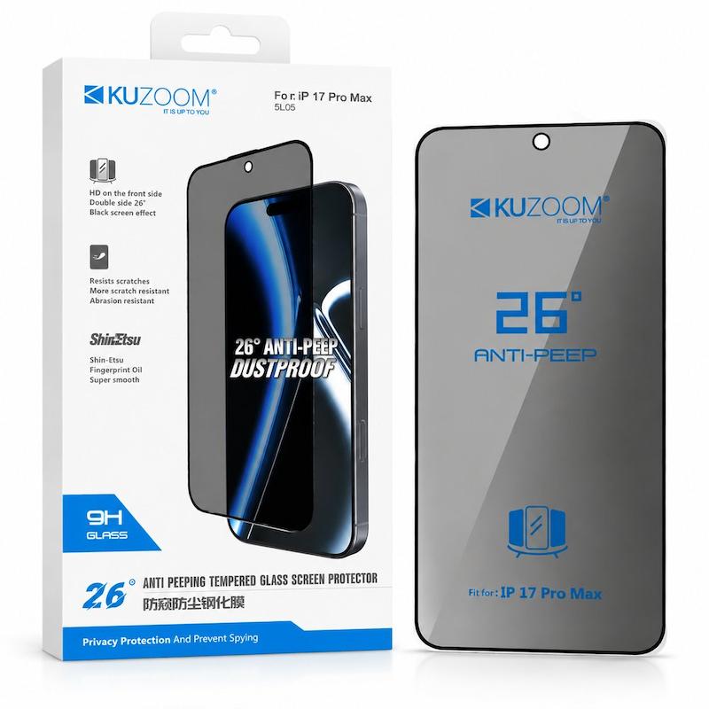گلس گوشی iPhone 17 Pro Max آیفون شیشه ای Anti-PEEP Privacy Glass کازوم KUZOOM حریم شخصی اورجینال کد 181390