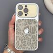 قاب گوشی iPhone 16 Pro آیفون پلنگی محافظ لنزدار شیشه ای کرم-طوسی
