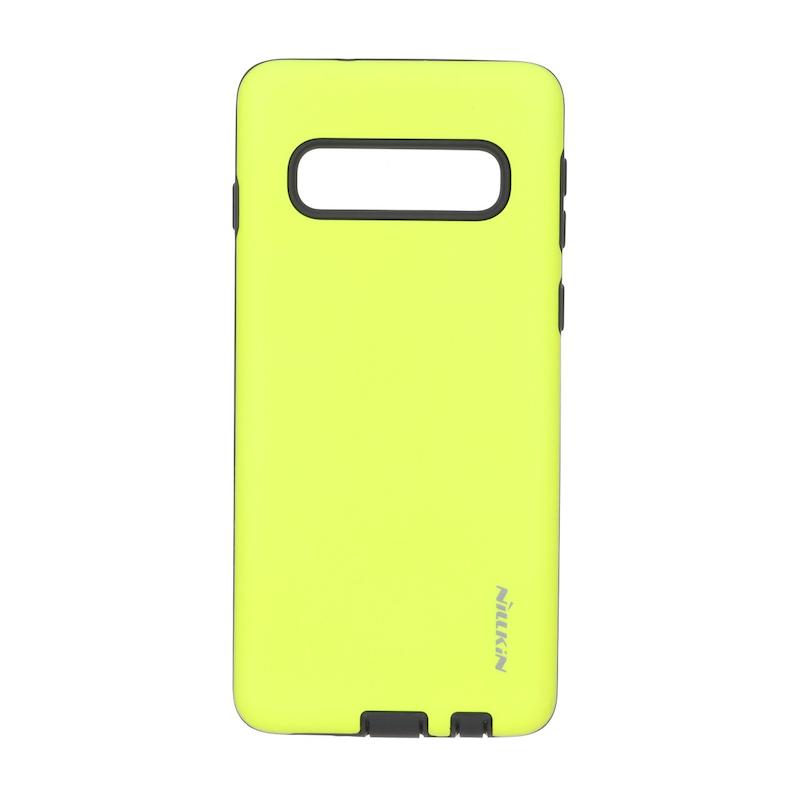 قاب گوشی Galaxy S10 سامسونگ طرح ضد ضربه Nillkin دو تیکه زرد فسفری با محافظ سوکت شارژ