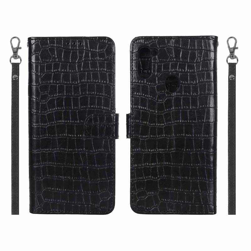 کیف گوشی Galaxy A11 - Galaxy M11 سامسونگ مگنتی طرح چرم کتابی کروکودیل بنددار مشکی