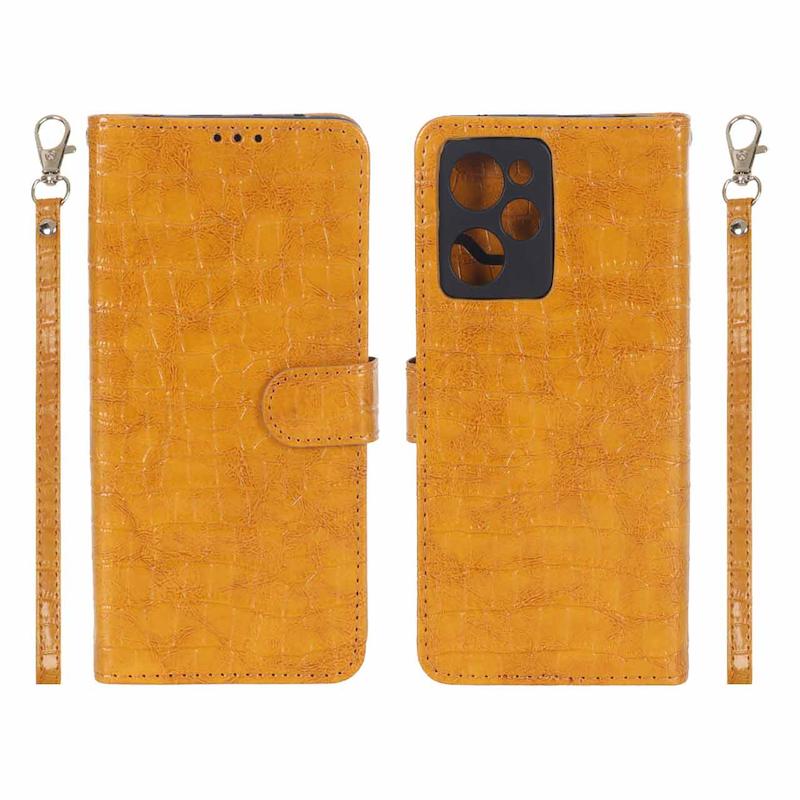 کیف گوشی Poco X5 Pro شیائومی مگنتی طرح چرم کتابی کروکودیل بنددار عسلی