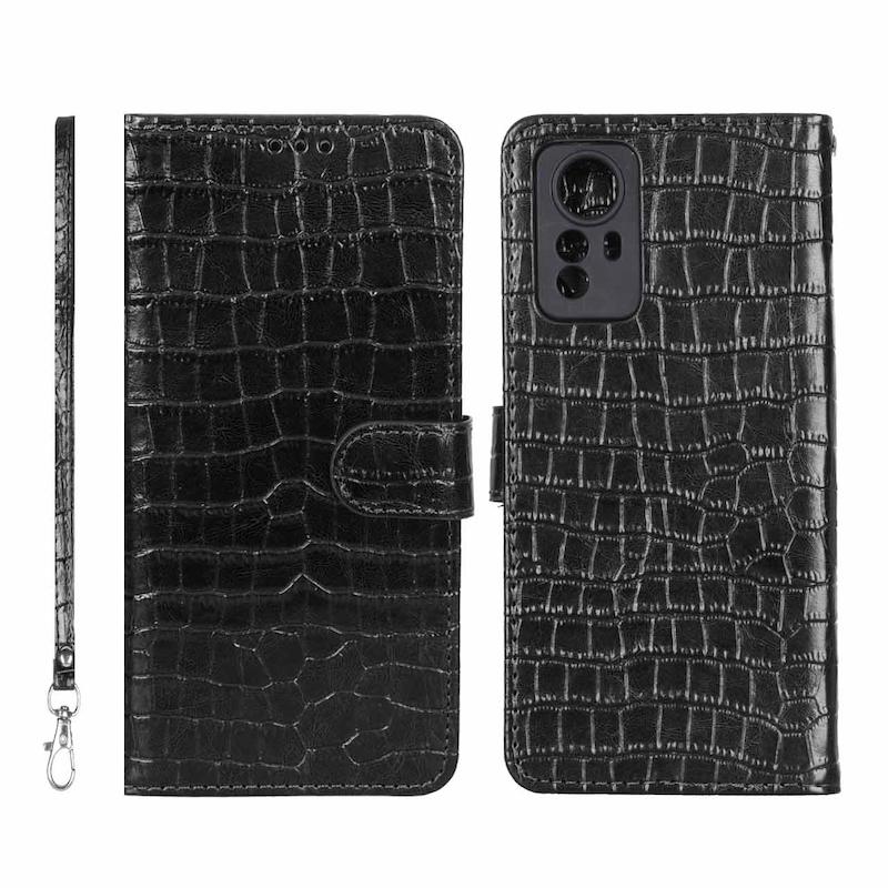 کیف گوشی Redmi Note 12S شیائومی مگنتی طرح چرم کتابی کروکودیل بنددار مشکی