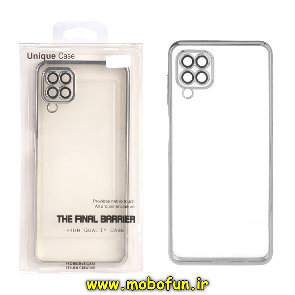 قاب گوشی Galaxy A12 سامسونگ طرح الکتروپلیتینگ ژله ای شفاف اورجینال یونیک کیس Unique Case محافظ لنز دار نقره ای کد 576