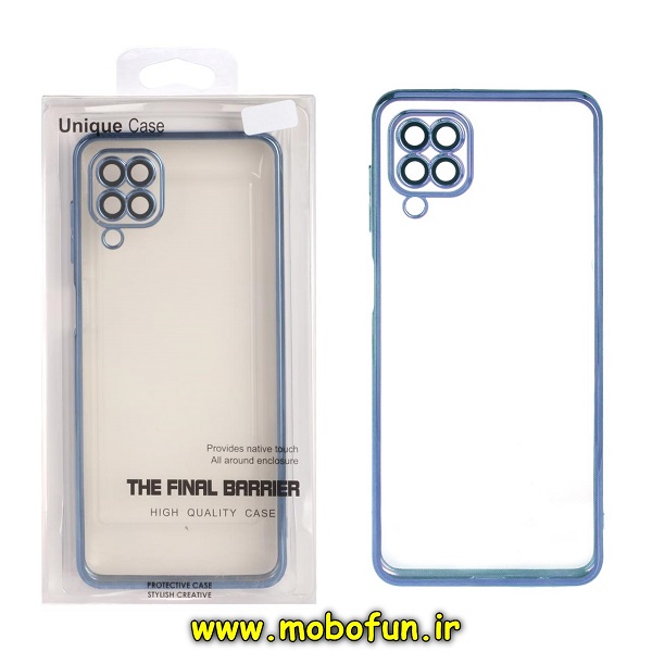 قاب گوشی Galaxy A12 سامسونگ طرح الکتروپلیتینگ ژله ای شفاف اورجینال یونیک کیس Unique Case محافظ لنز دار آبی روشن کد 577
