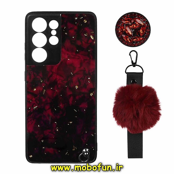 قاب گوشی Galaxy S21 Ultra سامسونگ طرح ماربل محافظ لنز دار به همراه بند پام پام و پاپ سوکت الماسی زرشکی کد 118