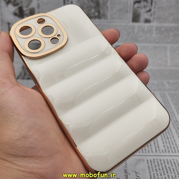 قاب گوشی iPhone 13 Pro آیفون طرح پافر PUFFER مای کیس گلد لاین دور طلایی محافظ لنز دار کرم کد 181