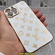 قاب گوشی iPhone 13 Pro Max آیفون طرح ژله ای مای کیس گلد لاین دور طلایی طرح لویی ویتون LV محافظ لنز دار سفید کد 194