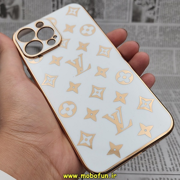 قاب گوشی iPhone 13 Pro Max آیفون طرح ژله ای مای کیس گلد لاین دور طلایی طرح لویی ویتون LV محافظ لنز دار سفید کد 194