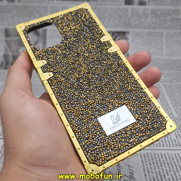 قاب گوشی iPhone 13 آیفون صندوقی اورجینال شاین نگین سواروسکی پلاک آینه ای طلایی کد 234