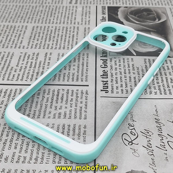 قاب گوشی iPhone 13 Pro Max آیفون طرح پشت شفاف شیشه ای دور سیلیکونی محافظ لنز دار سبزآبی کد 226