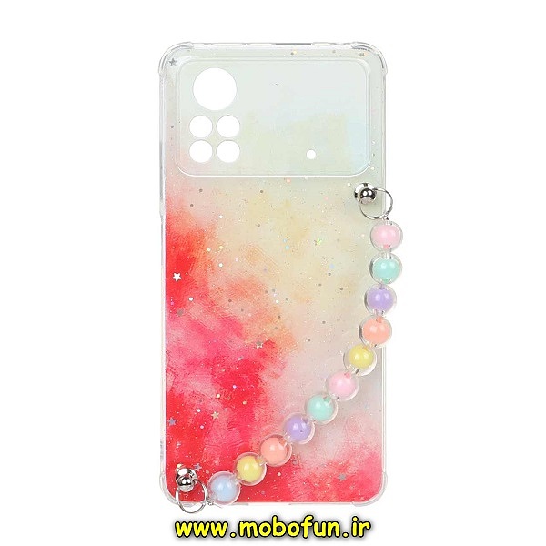 قاب گوشی Poco X4 Pro 5G شیائومی ماربل طرح آبرنگی دستبند مرواریدی آویزدار زنجیری محافظ لنزدار کد 131