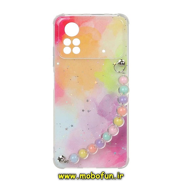 قاب گوشی Poco X4 Pro 5G شیائومی ماربل طرح آبرنگی دستبند مرواریدی آویزدار زنجیری محافظ لنزدار کد 132
