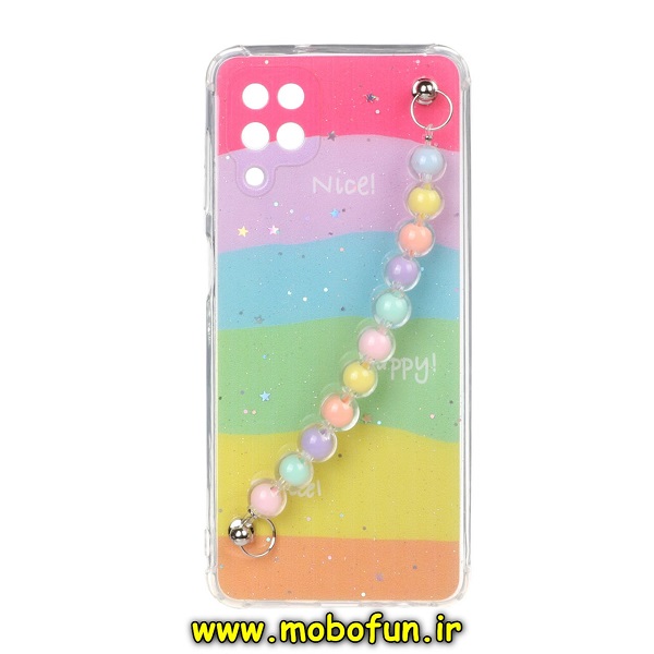 قاب گوشی Galaxy A12 سامسونگ ماربل طرح آبرنگی دستبند مرواریدی آویزدار زنجیری محافظ لنزدار کد 673