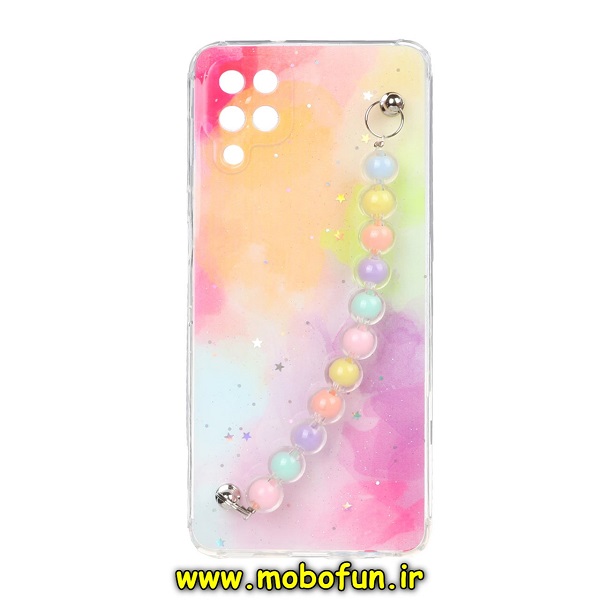 قاب گوشی Galaxy A12 سامسونگ ماربل طرح آبرنگی دستبند مرواریدی آویزدار زنجیری محافظ لنزدار کد 674