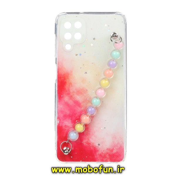 قاب گوشی Galaxy A12 سامسونگ ماربل طرح آبرنگی دستبند مرواریدی آویزدار زنجیری محافظ لنزدار کد 676