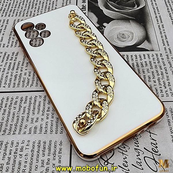 قاب گوشی Galaxy A13 4G سامسونگ طرح مای کیس گلد لاین لاکچری دستبندی کارتیر نگینی محافظ لنز دار سفید کد 241